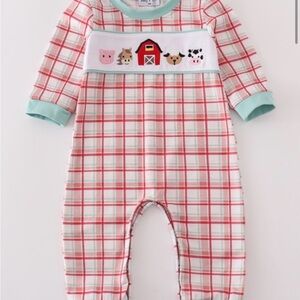 Red plaid farm romper with embroidery